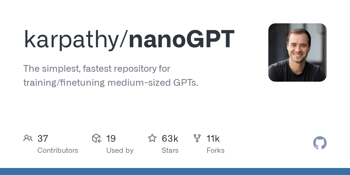 nanoGPT: The simplest, fastest repository for training/finetuning medium-sized GPTs
