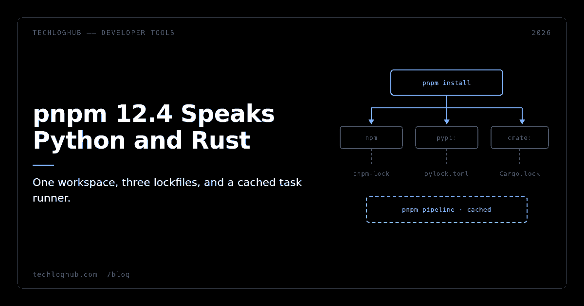 Diagram of one pnpm install resolving npm, PyPI and crates.io dependencies together