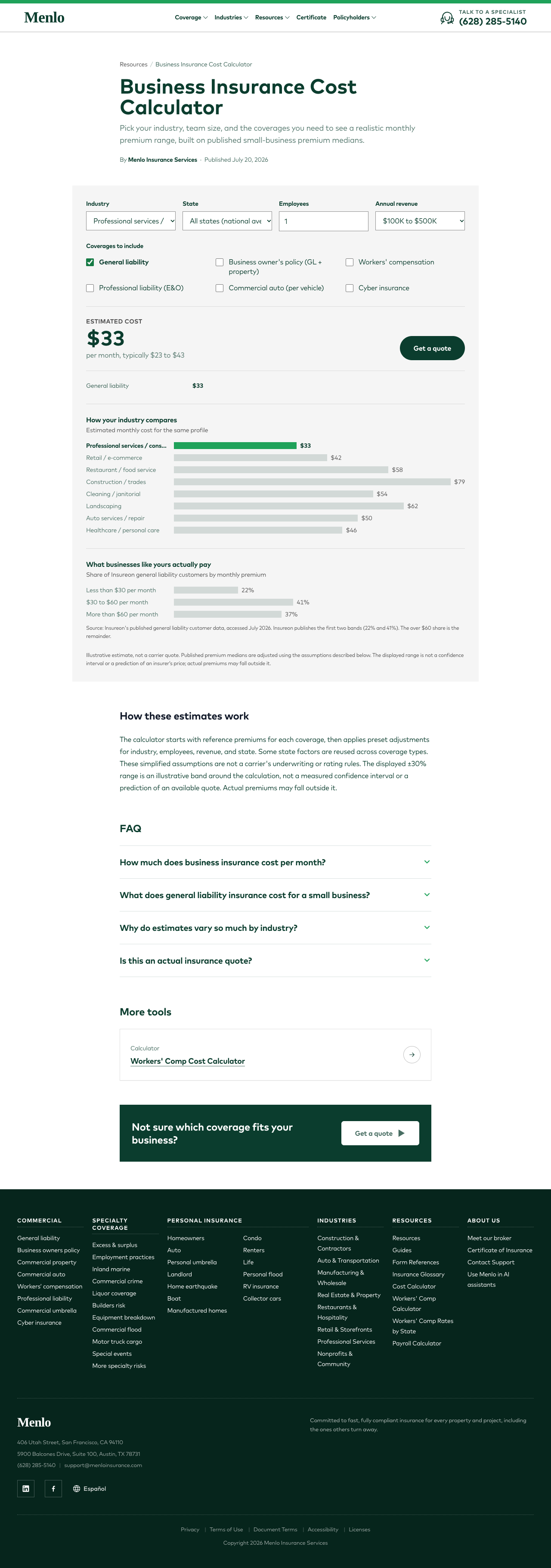 Menlo Business Insurance Cost Calculator screenshot 1